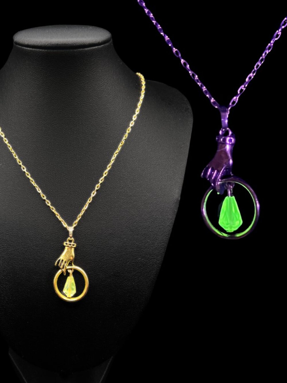 Handcrafted Uranium Glass Victorian-Inspired Hand Pendant Necklace UV Reactive